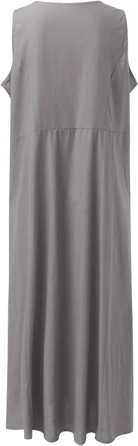 Sun Dresses for Women Casual Beach Plus Size Trendy Summer Linen V Neck T Shirt Dress Baggy Sleeveless Maxi Sundress