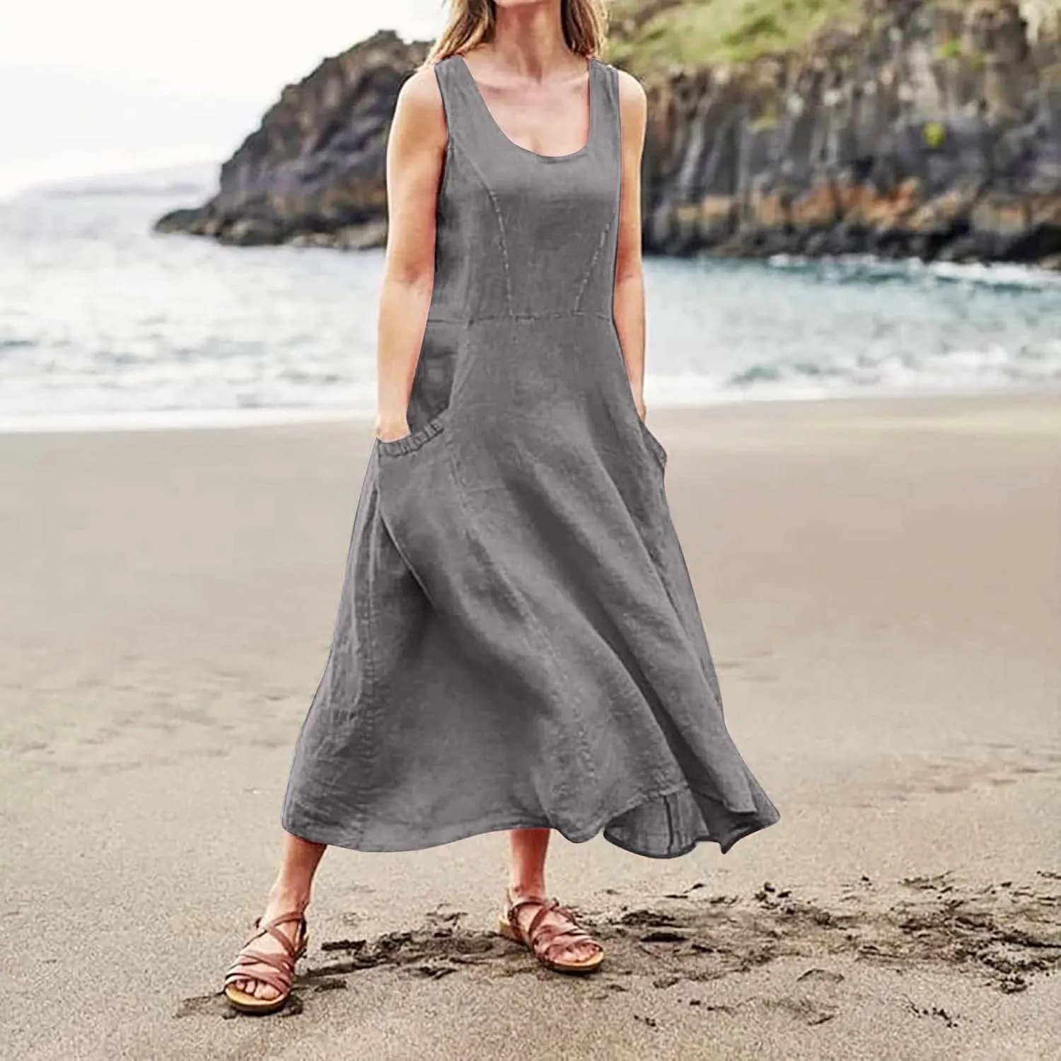 Sun Dresses for Women Casual Beach Plus Size Trendy Summer Linen V Neck T Shirt Dress Baggy Sleeveless Maxi Sundress