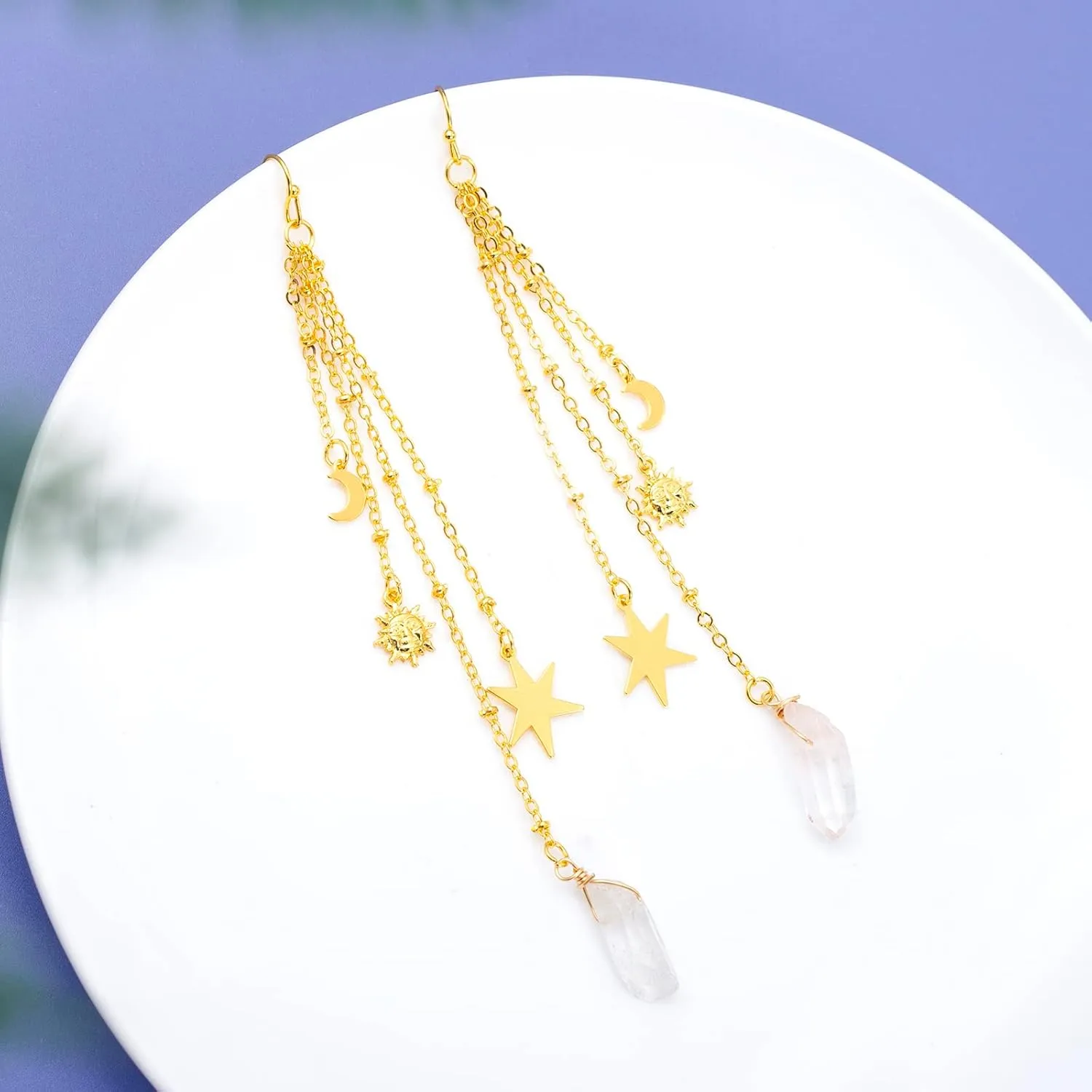 Sun Goddess Quartz Charm Earrings Star Moon Crystal Bohemian Hippie Celestial Earrings Witch Metaphysical Jewelry