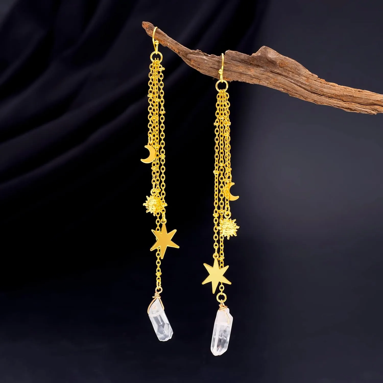 Sun Goddess Quartz Charm Earrings Star Moon Crystal Bohemian Hippie Celestial Earrings Witch Metaphysical Jewelry