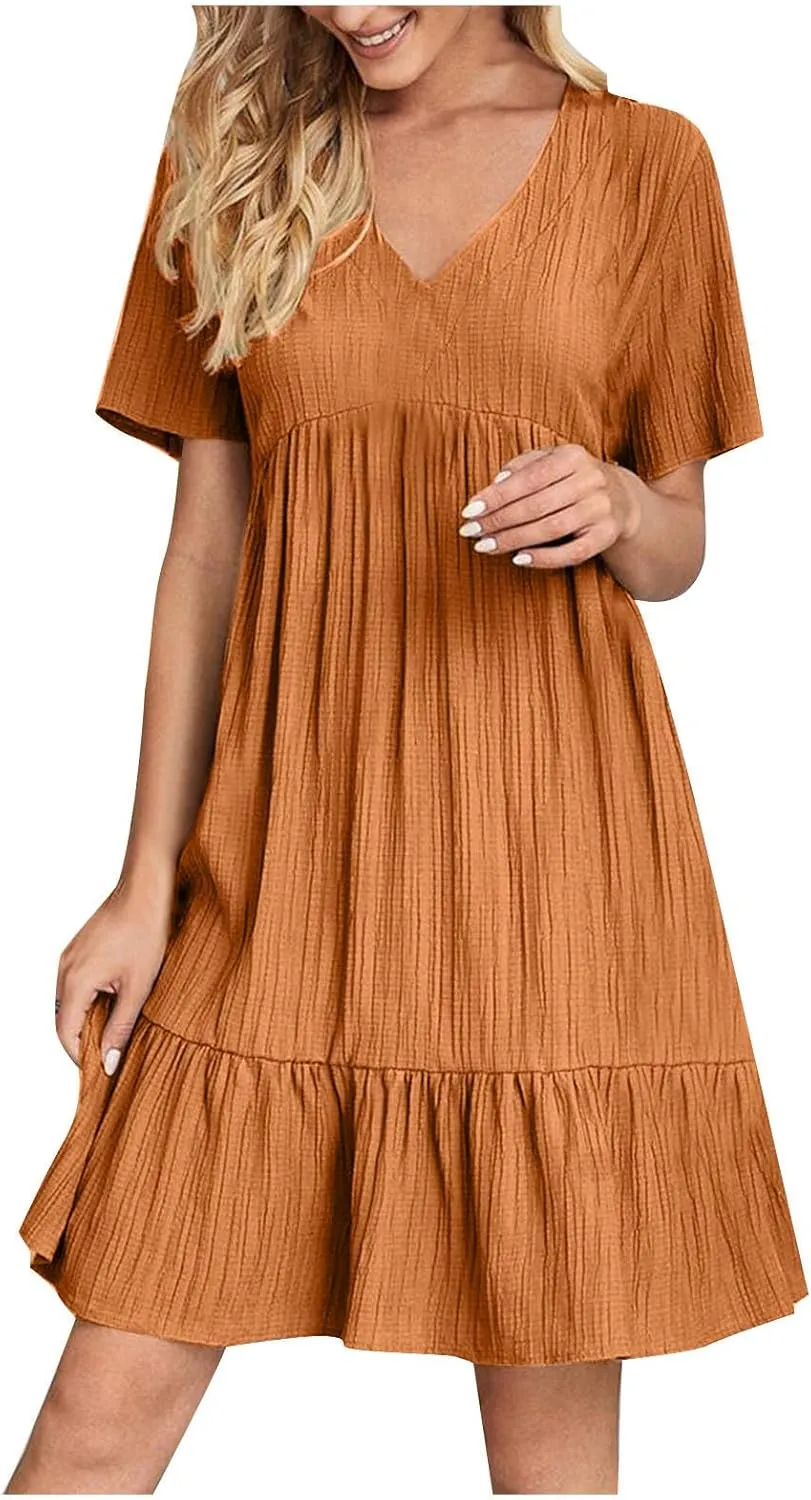 Sundresses for Women 2025 Short Sleeve Elegant Mini Dress Pleated Summer Casual Dresses Flowy V Neck Beach Dress