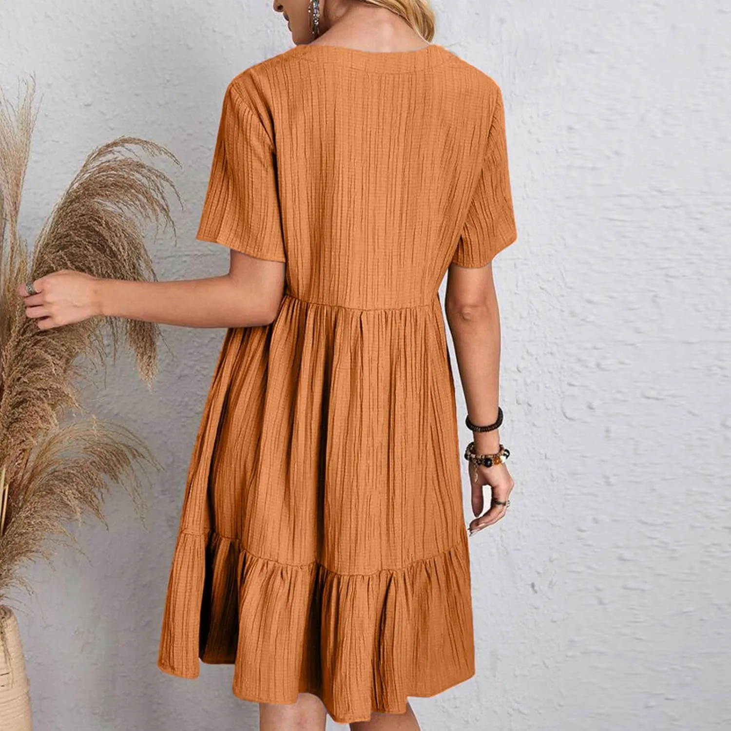Sundresses for Women 2025 Short Sleeve Elegant Mini Dress Pleated Summer Casual Dresses Flowy V Neck Beach Dress