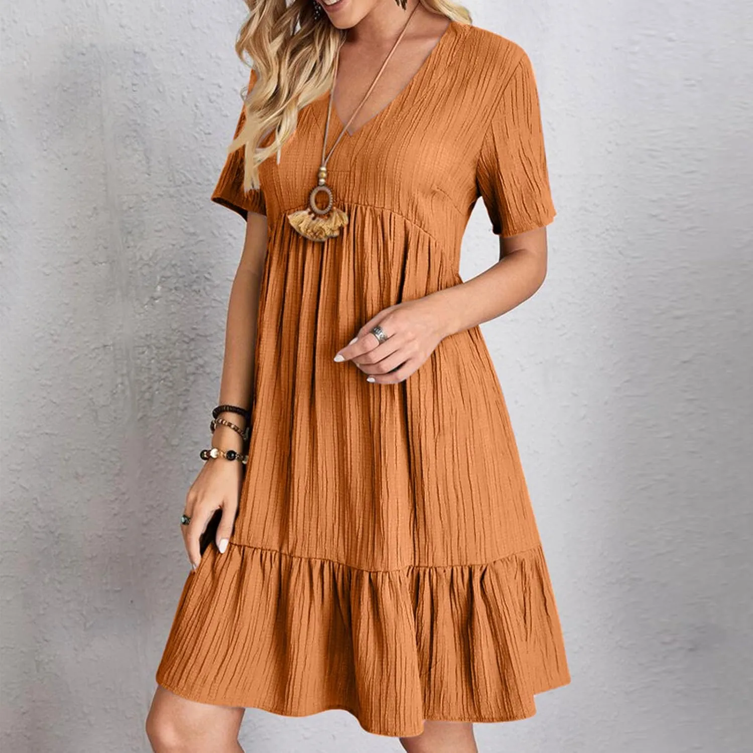 Sundresses for Women 2025 Short Sleeve Elegant Mini Dress Pleated Summer Casual Dresses Flowy V Neck Beach Dress