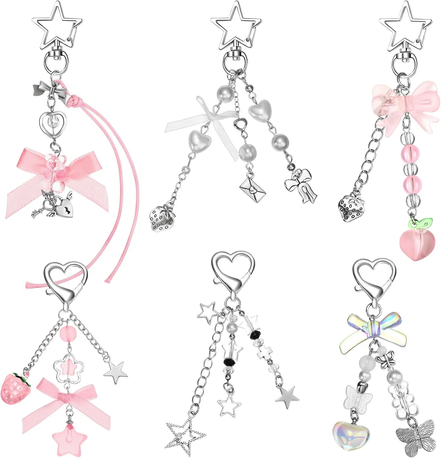 Sureio 6 Pcs Aesthetic Y2K Keychains Cute Bow Star Bear Heart Strawberry Keychain with Tether Tag for Backpacks Keys Bags Purse, 6 Styles