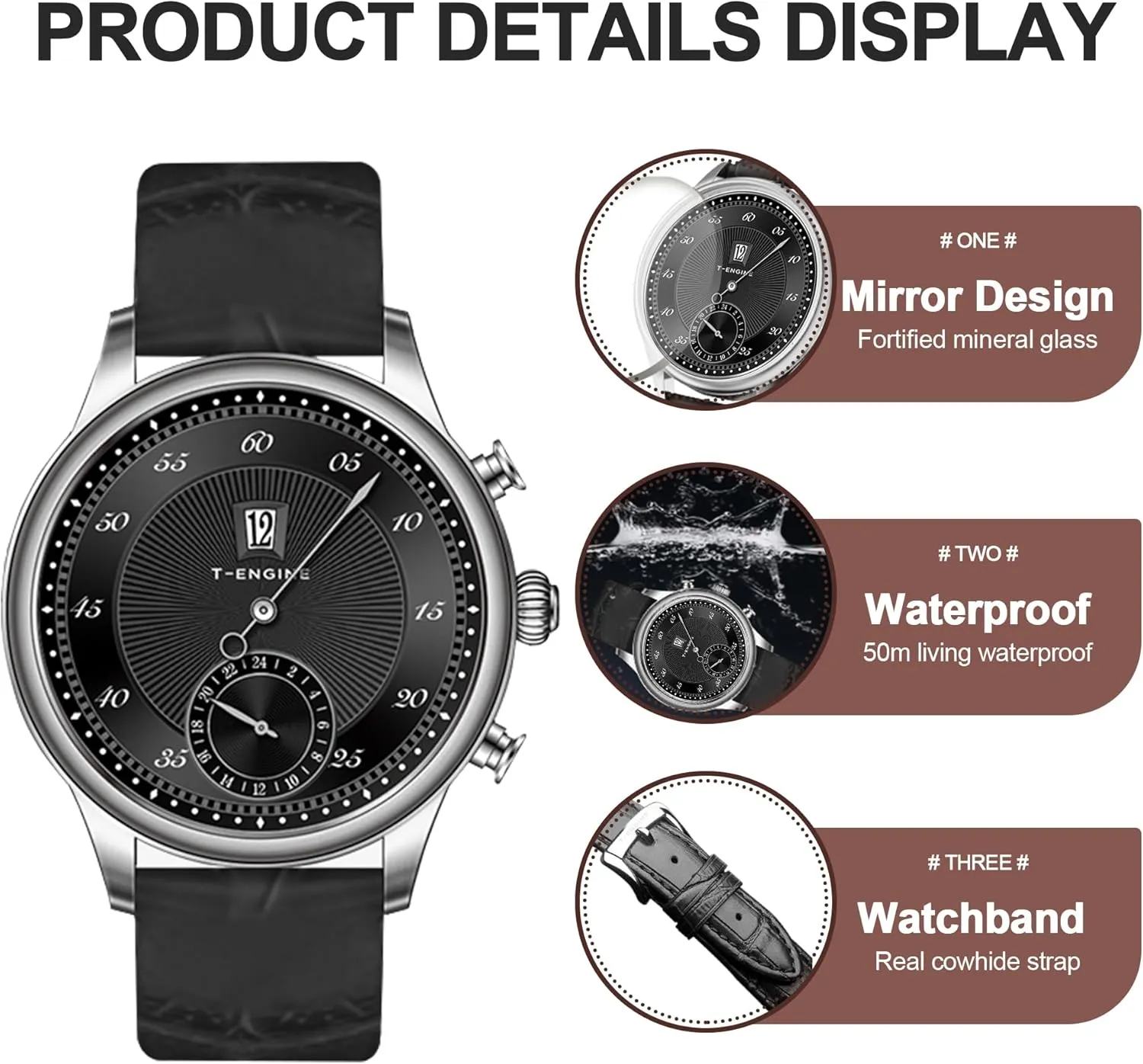 T-ENGINE Watches for Men Quartz 50M Waterproof with Leather Band,Big 43MM Face Mens Watches Business Work Sport Casual Dress Men's Wrist Watches Elegant Gift for Men