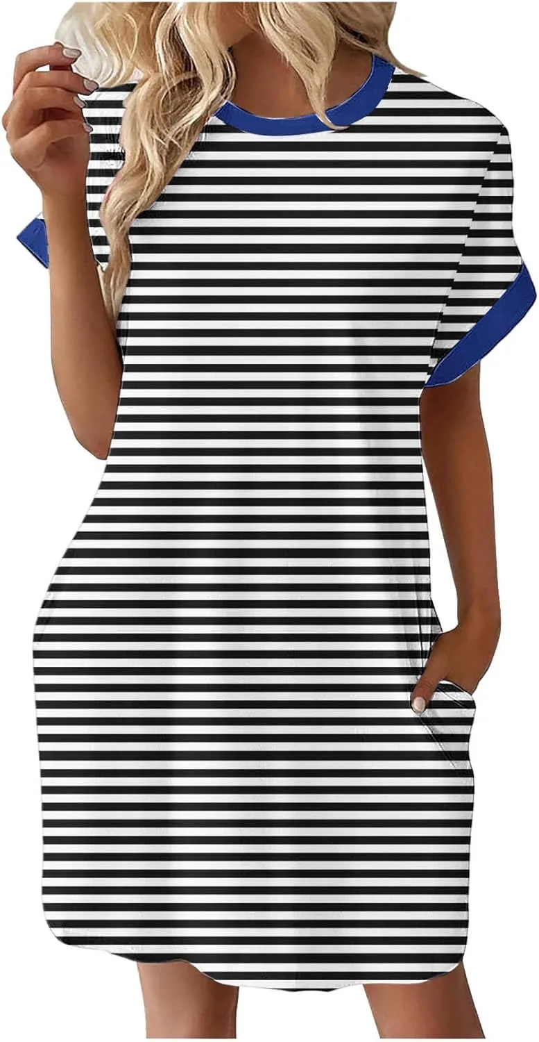 TANGNADE Womens Striped Summer Dresses Crewneck Cap Short Sleeve Midi Dress Casual A Line Tshirt Dress with Pockets