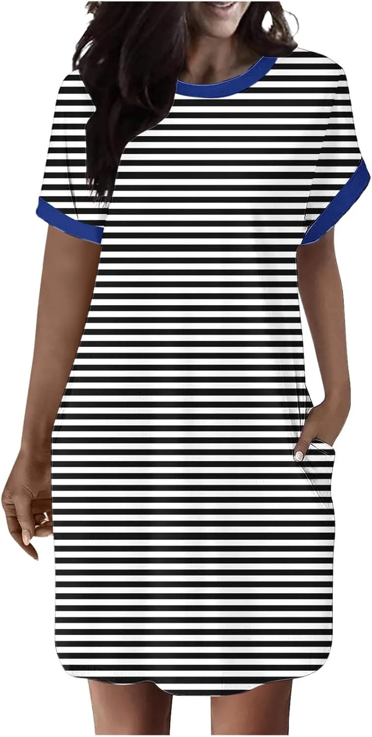 TANGNADE Womens Striped Summer Dresses Crewneck Cap Short Sleeve Midi Dress Casual A Line Tshirt Dress with Pockets