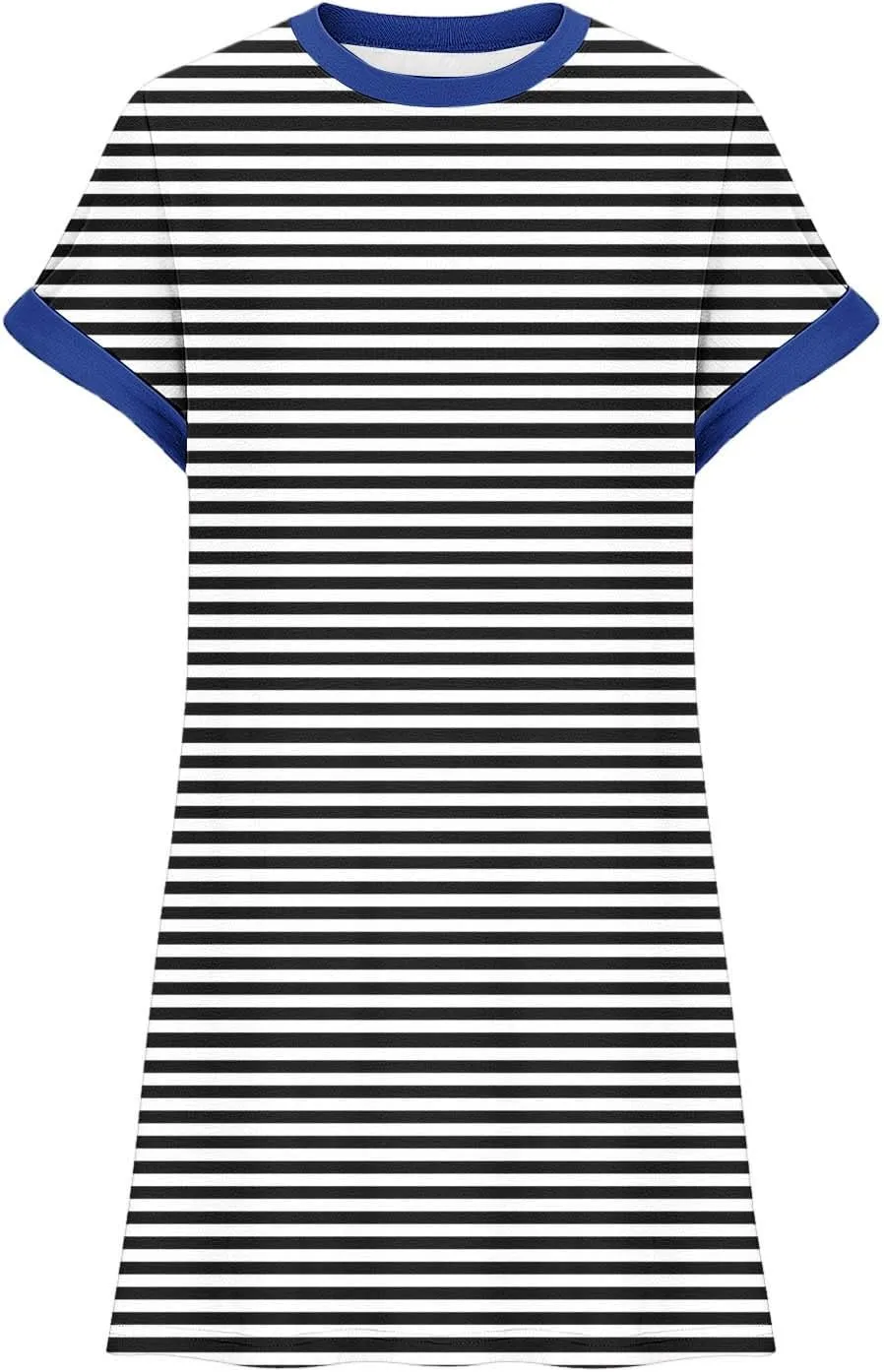 TANGNADE Womens Striped Summer Dresses Crewneck Cap Short Sleeve Midi Dress Casual A Line Tshirt Dress with Pockets