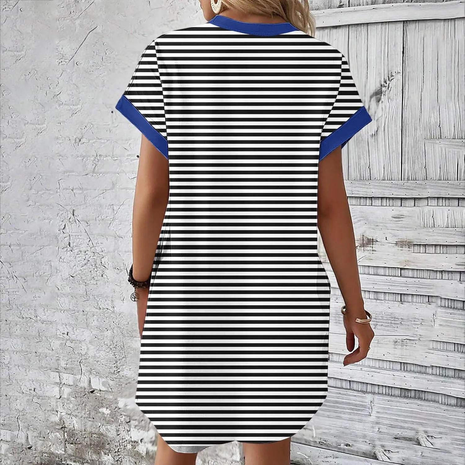 TANGNADE Womens Striped Summer Dresses Crewneck Cap Short Sleeve Midi Dress Casual A Line Tshirt Dress with Pockets