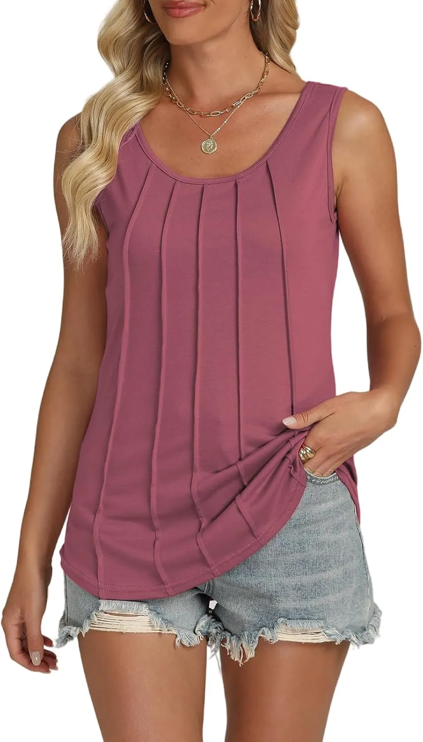 Tank-Tops-for-Women 2025 Summer Sleeveless Casual Pleated Shirts Trendy Scoop Neck Tunics Flowy Tees