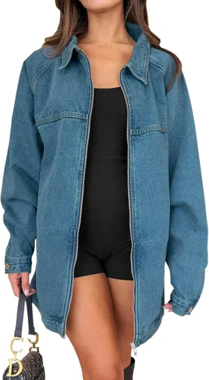 Tankaneo Womens Oversized Denim Jackets Casual Zip up Spring Long Sleeve Jean Jacket with Pocket