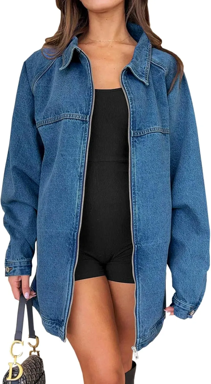 Tankaneo Womens Oversized Denim Jackets Casual Zip up Spring Long Sleeve Jean Jacket with Pocket
