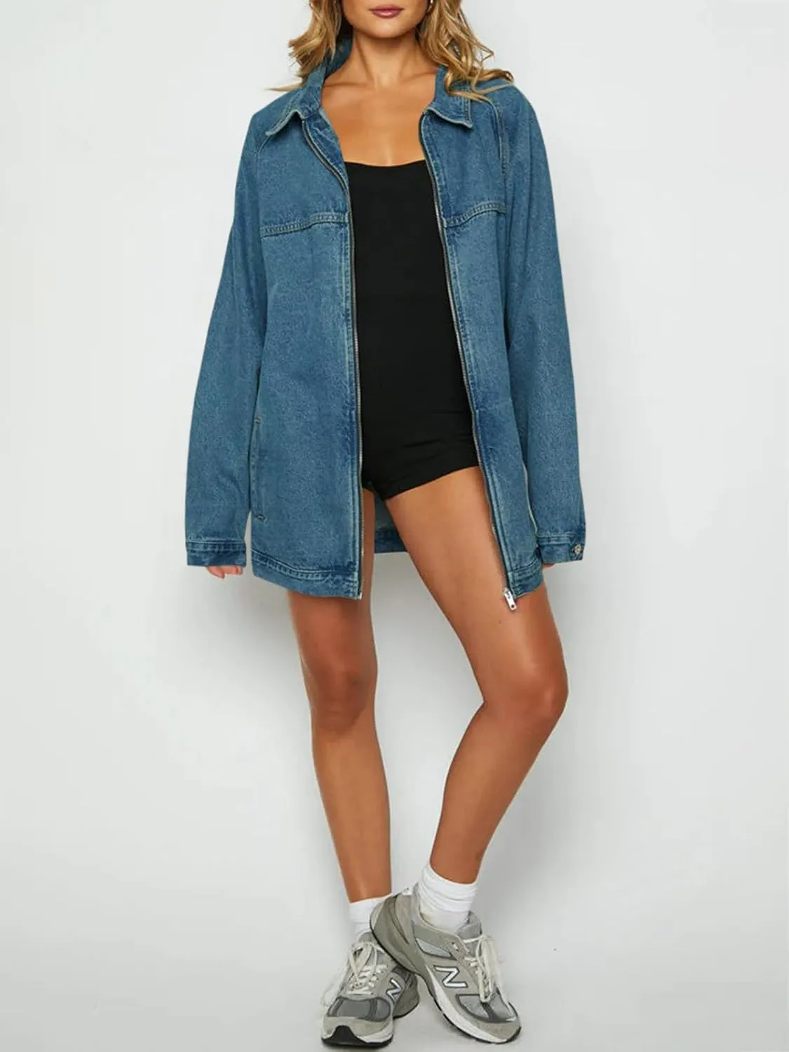 Tankaneo Womens Oversized Denim Jackets Casual Zip up Spring Long Sleeve Jean Jacket with Pocket