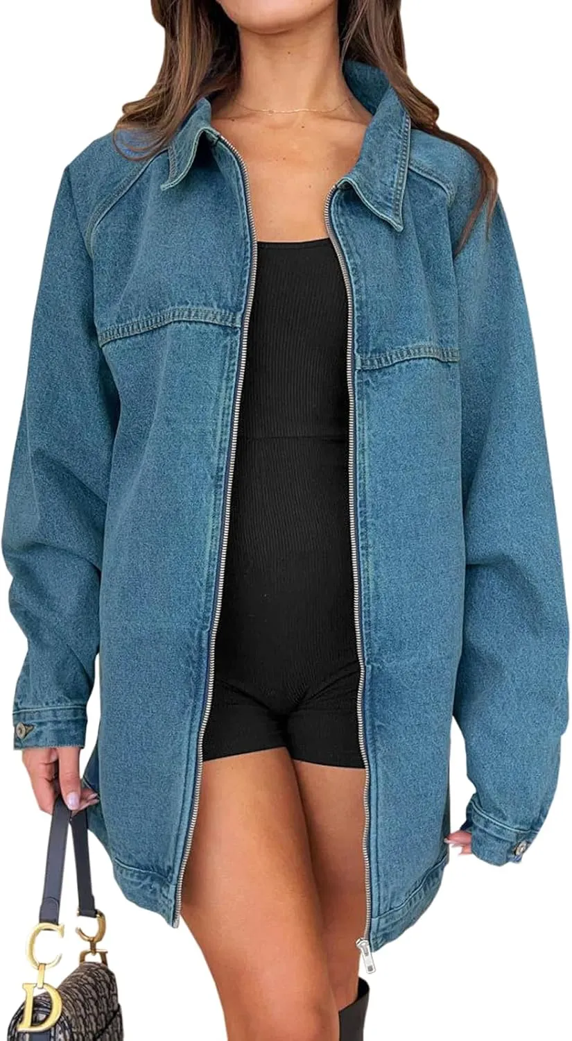 Tankaneo Womens Oversized Denim Jackets Casual Zip up Spring Long Sleeve Jean Jacket with Pocket