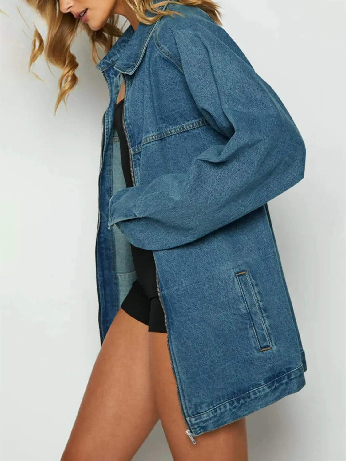 Tankaneo Womens Oversized Denim Jackets Casual Zip up Spring Long Sleeve Jean Jacket with Pocket