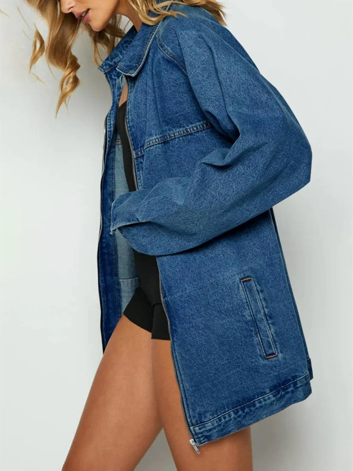 Tankaneo Womens Oversized Denim Jackets Casual Zip up Spring Long Sleeve Jean Jacket with Pocket