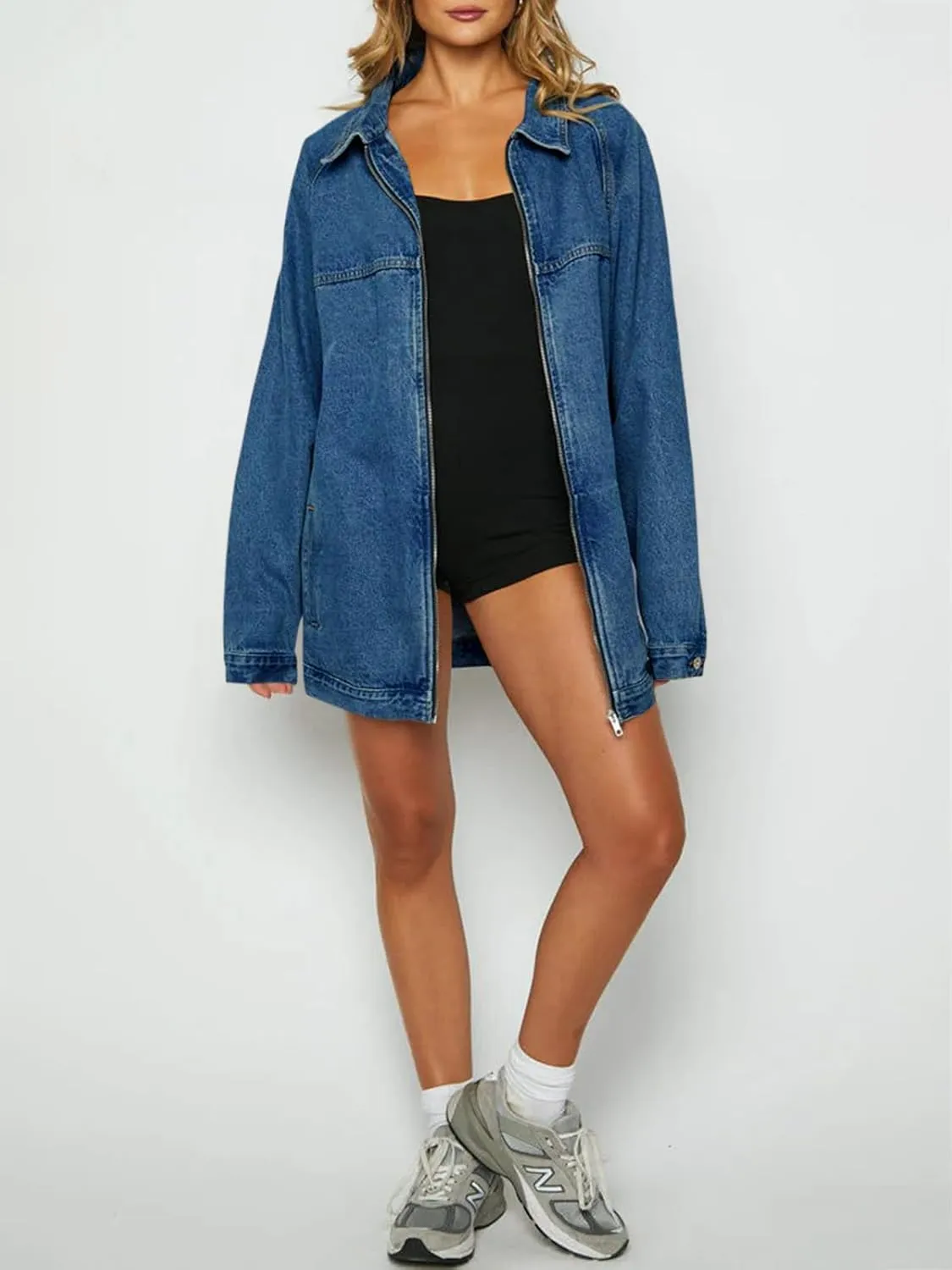 Tankaneo Womens Oversized Denim Jackets Casual Zip up Spring Long Sleeve Jean Jacket with Pocket