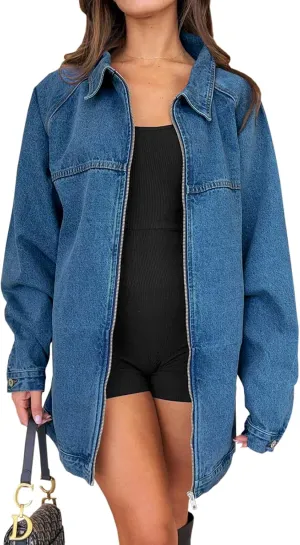 Tankaneo Womens Oversized Denim Jackets Casual Zip up Spring Long Sleeve Jean Jacket with Pocket