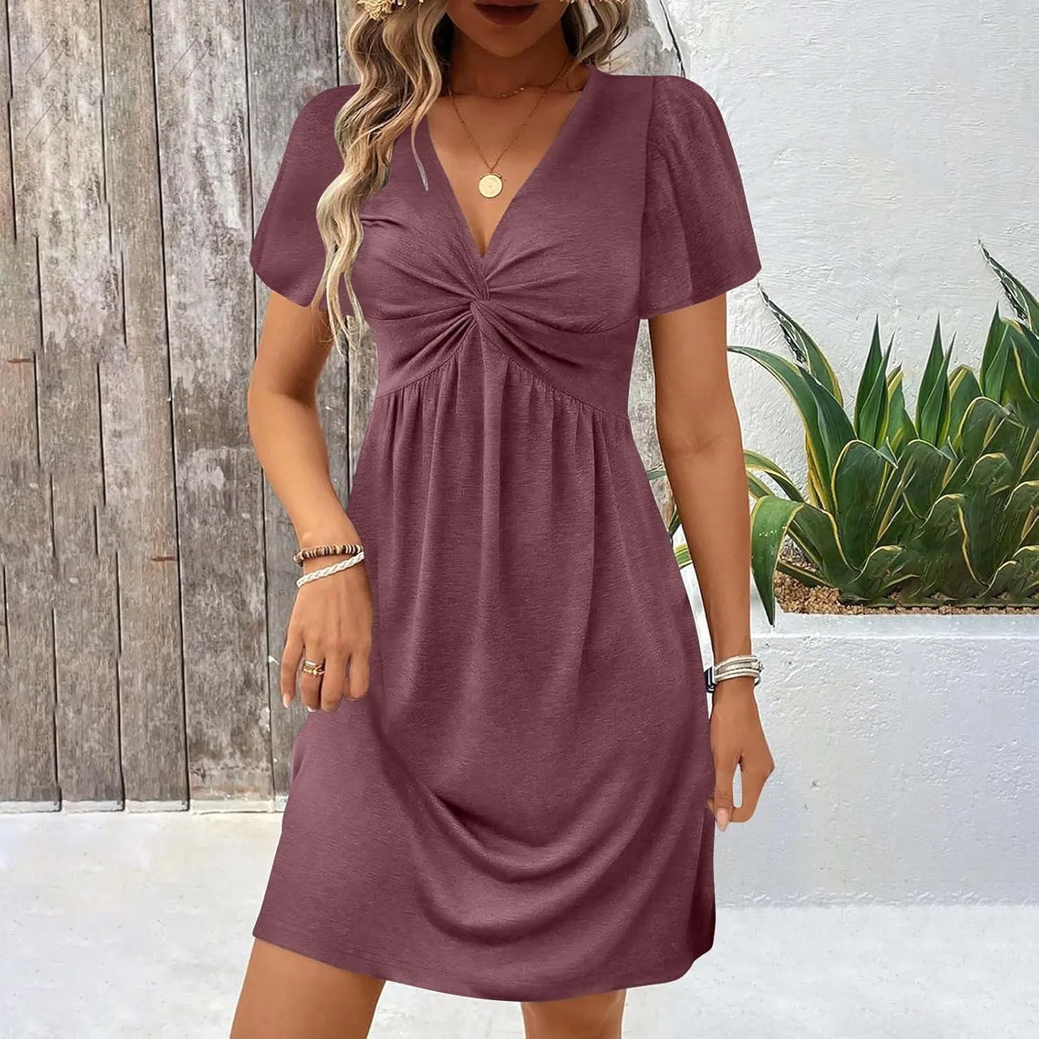TARIENDY Casual Dresses for Women Summer V Neck Dress Comfy Fit Mini Dress Sexy Short Sleeve Dress Tunic Vacation Outfits