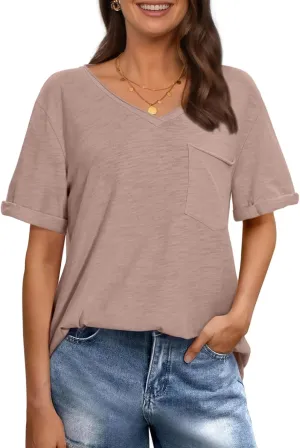 TARSE Women T Shirts Short Sleeve V Neck Tops Casual Summer Loose Basic Cotton Side Split Tee Trendy Fashion Outfit Clothes