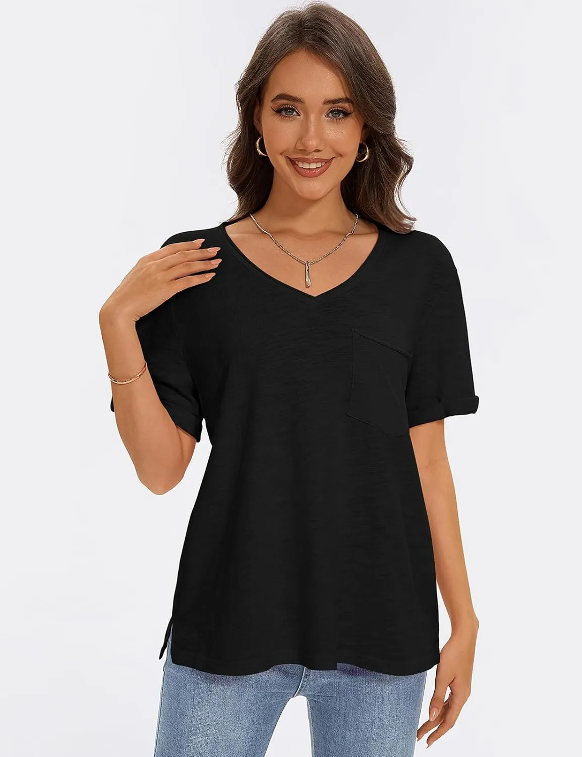 TARSE Women T Shirts Short Sleeve V Neck Tops Casual Summer Loose Basic Cotton Side Split Tee Trendy Fashion Outfit Clothes
