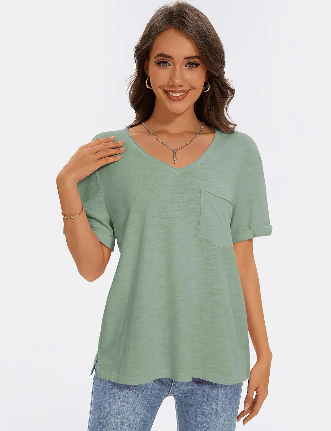 TARSE Women T Shirts Short Sleeve V Neck Tops Casual Summer Loose Basic Cotton Side Split Tee Trendy Fashion Outfit Clothes