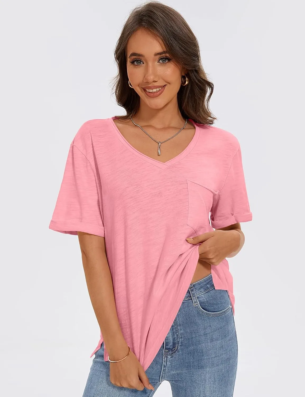 TARSE Women T Shirts Short Sleeve V Neck Tops Casual Summer Loose Basic Cotton Side Split Tee Trendy Fashion Outfit Clothes