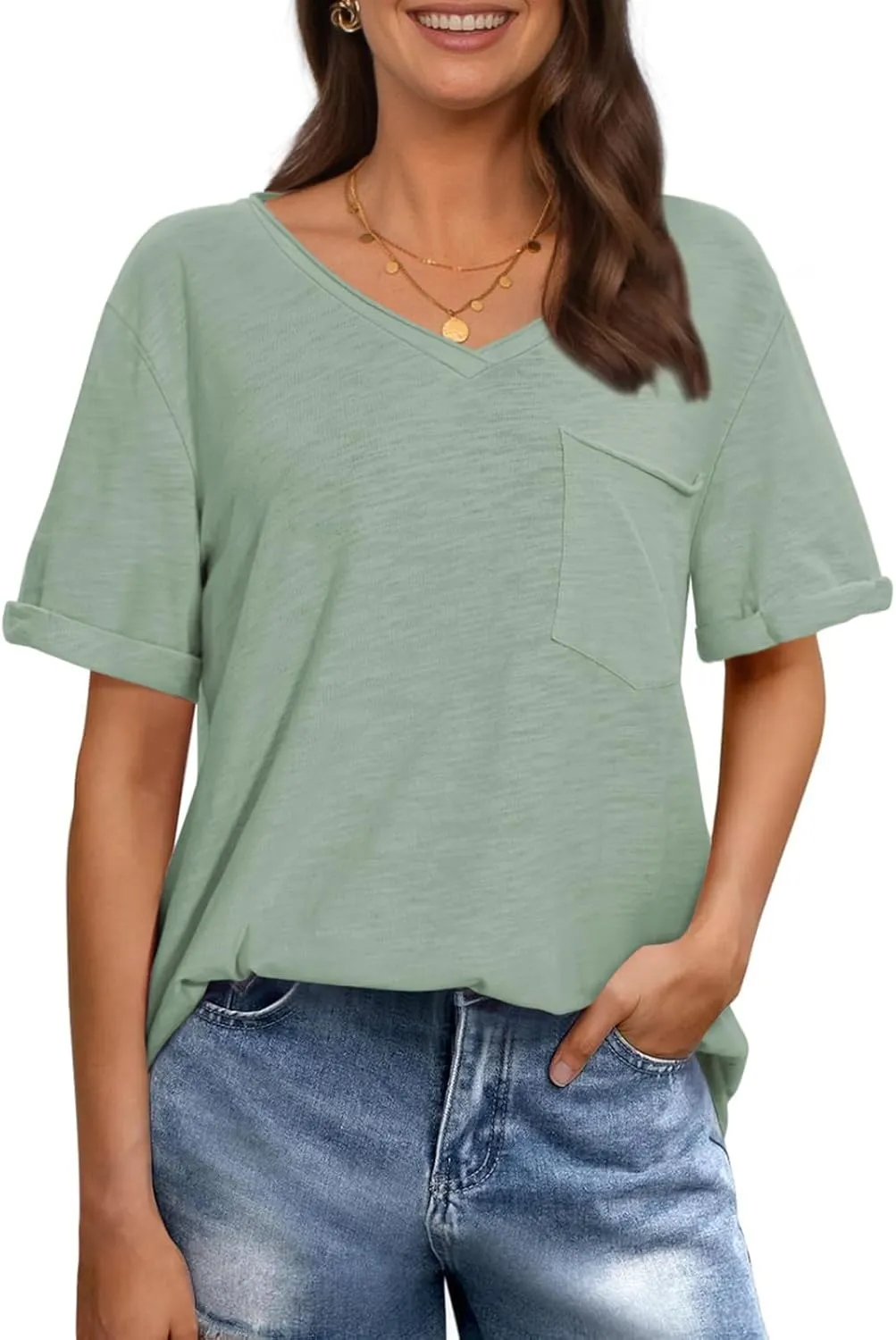 TARSE Women T Shirts Short Sleeve V Neck Tops Casual Summer Loose Basic Cotton Side Split Tee Trendy Fashion Outfit Clothes