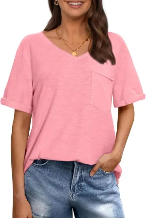TARSE Women T Shirts Short Sleeve V Neck Tops Casual Summer Loose Basic Cotton Side Split Tee Trendy Fashion Outfit Clothes