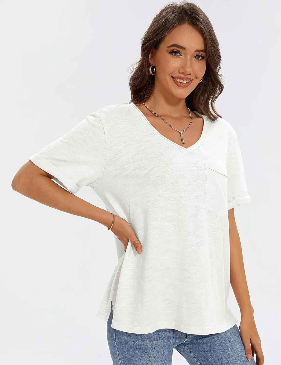 TARSE Women T Shirts Short Sleeve V Neck Tops Casual Summer Loose Basic Cotton Side Split Tee Trendy Fashion Outfit Clothes