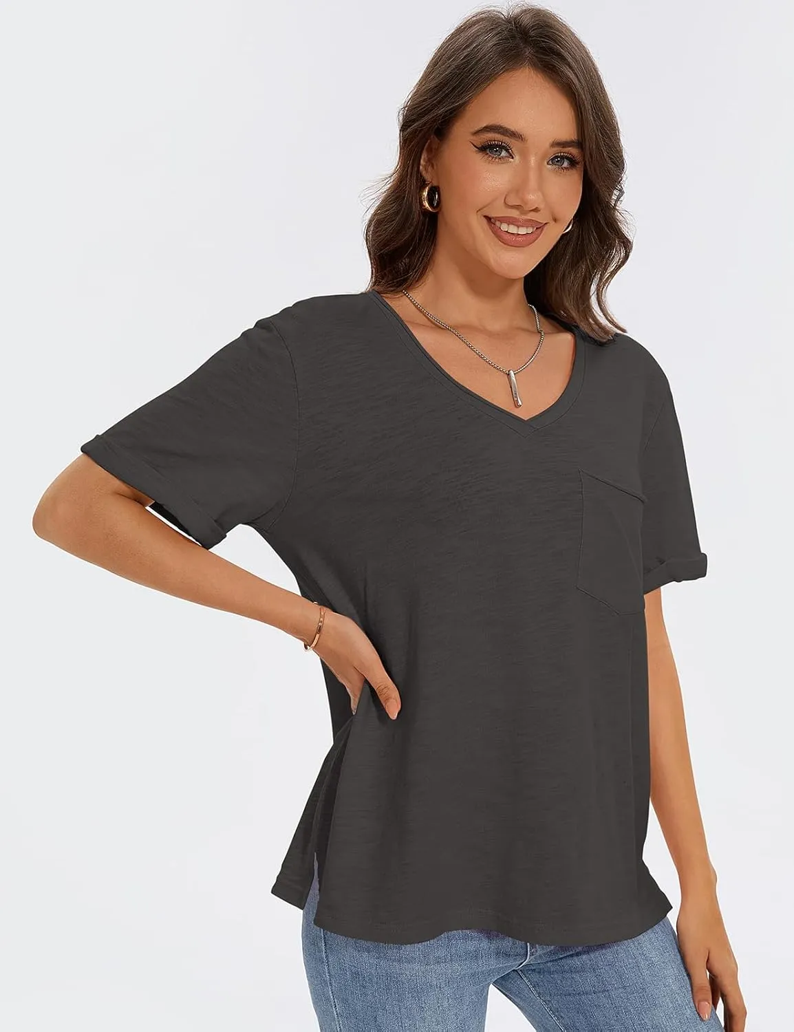 TARSE Women T Shirts Short Sleeve V Neck Tops Casual Summer Loose Basic Cotton Side Split Tee Trendy Fashion Outfit Clothes