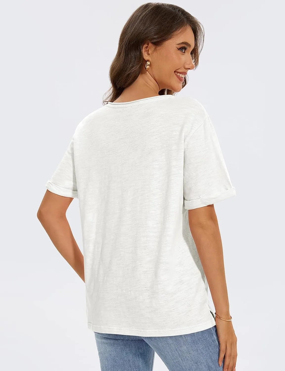 TARSE Women T Shirts Short Sleeve V Neck Tops Casual Summer Loose Basic Cotton Side Split Tee Trendy Fashion Outfit Clothes