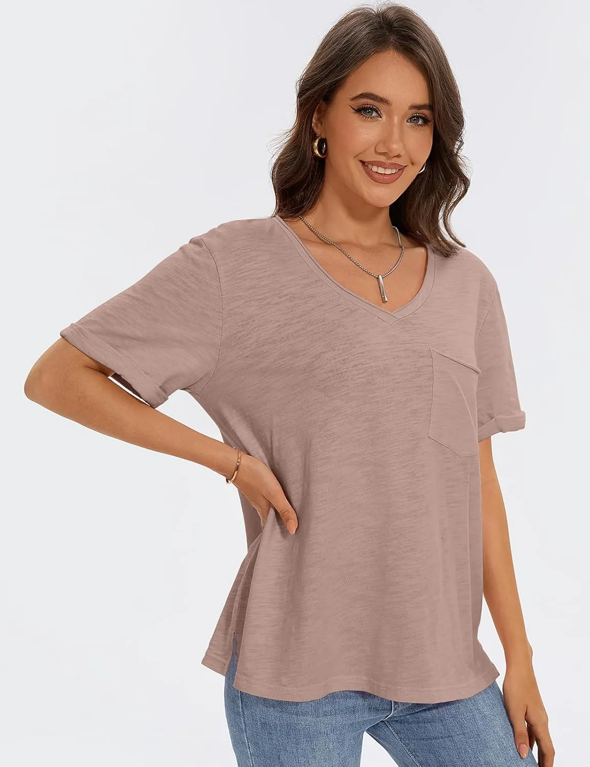 TARSE Women T Shirts Short Sleeve V Neck Tops Casual Summer Loose Basic Cotton Side Split Tee Trendy Fashion Outfit Clothes