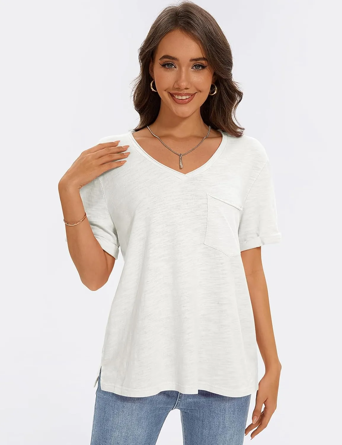 TARSE Women T Shirts Short Sleeve V Neck Tops Casual Summer Loose Basic Cotton Side Split Tee Trendy Fashion Outfit Clothes