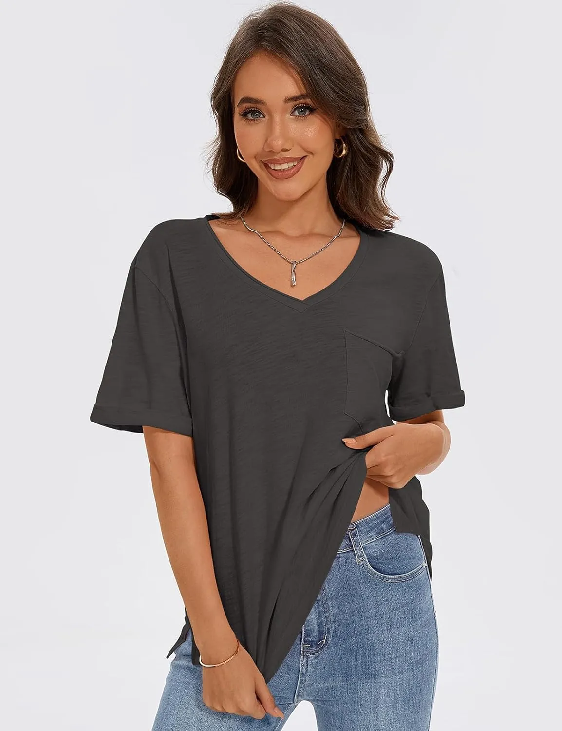 TARSE Women T Shirts Short Sleeve V Neck Tops Casual Summer Loose Basic Cotton Side Split Tee Trendy Fashion Outfit Clothes