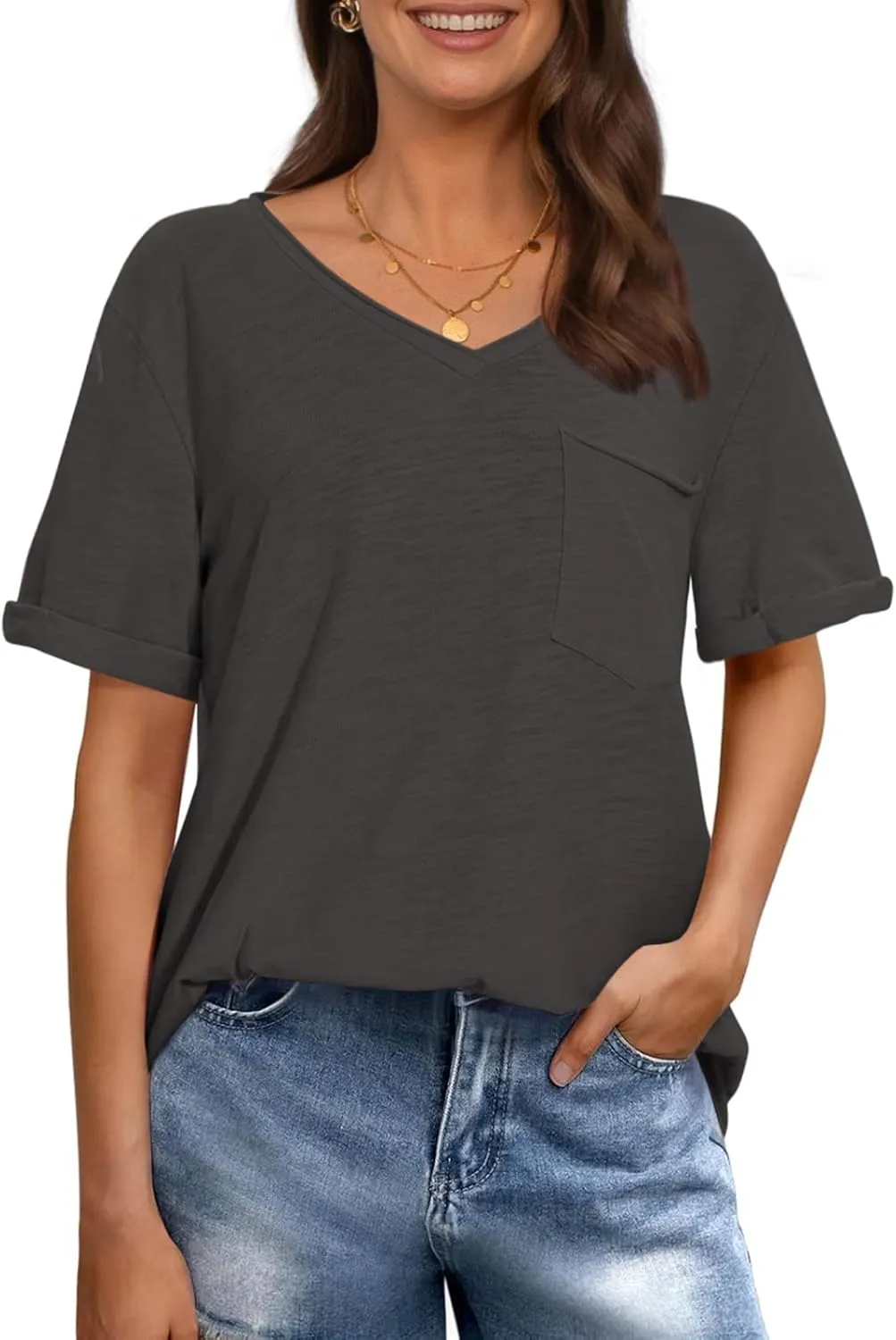 TARSE Women T Shirts Short Sleeve V Neck Tops Casual Summer Loose Basic Cotton Side Split Tee Trendy Fashion Outfit Clothes