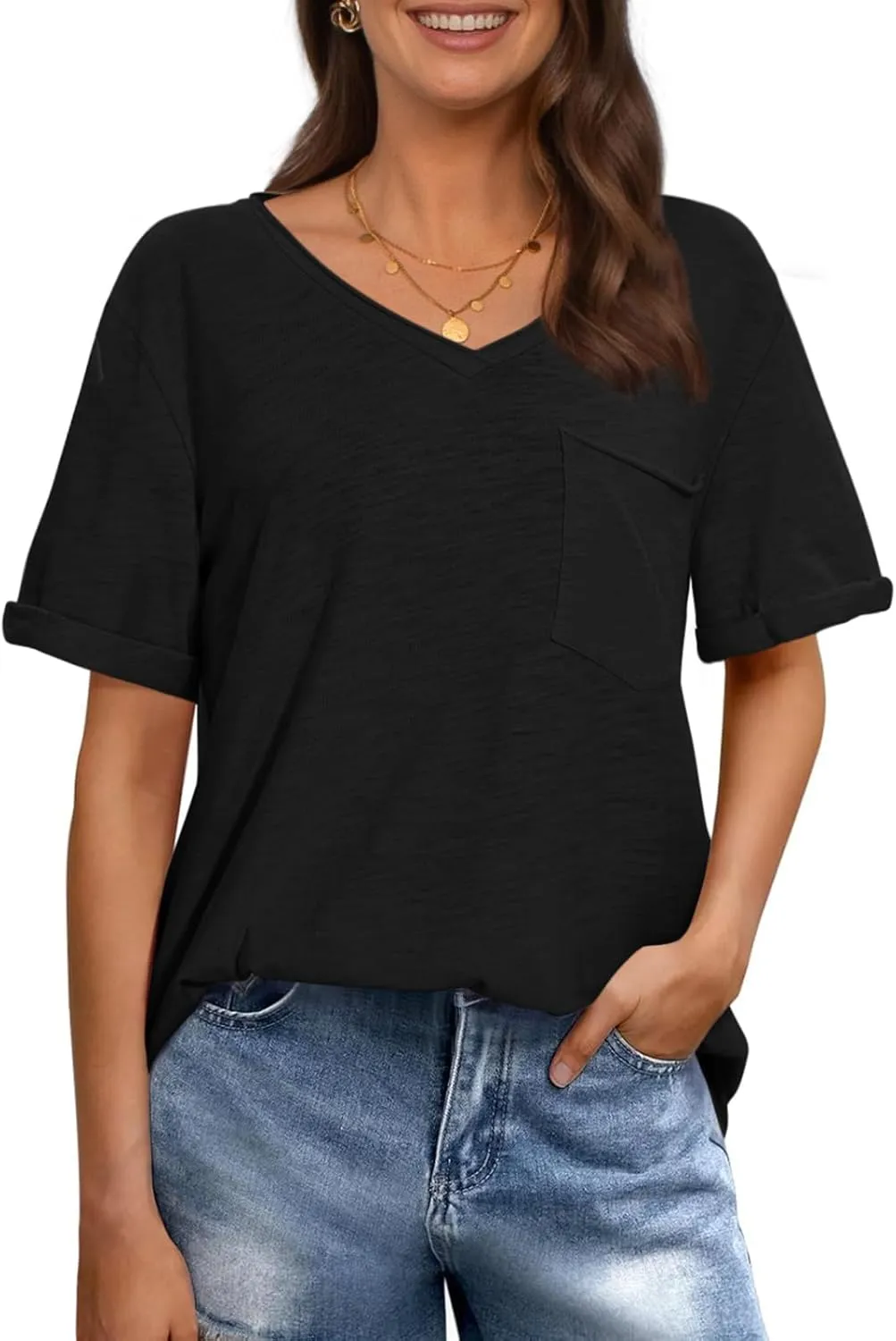 TARSE Women T Shirts Short Sleeve V Neck Tops Casual Summer Loose Basic Cotton Side Split Tee Trendy Fashion Outfit Clothes