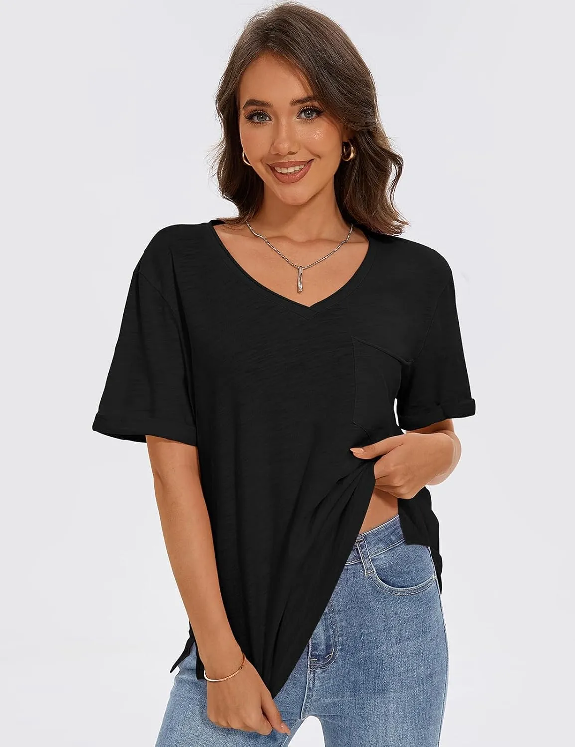 TARSE Women T Shirts Short Sleeve V Neck Tops Casual Summer Loose Basic Cotton Side Split Tee Trendy Fashion Outfit Clothes