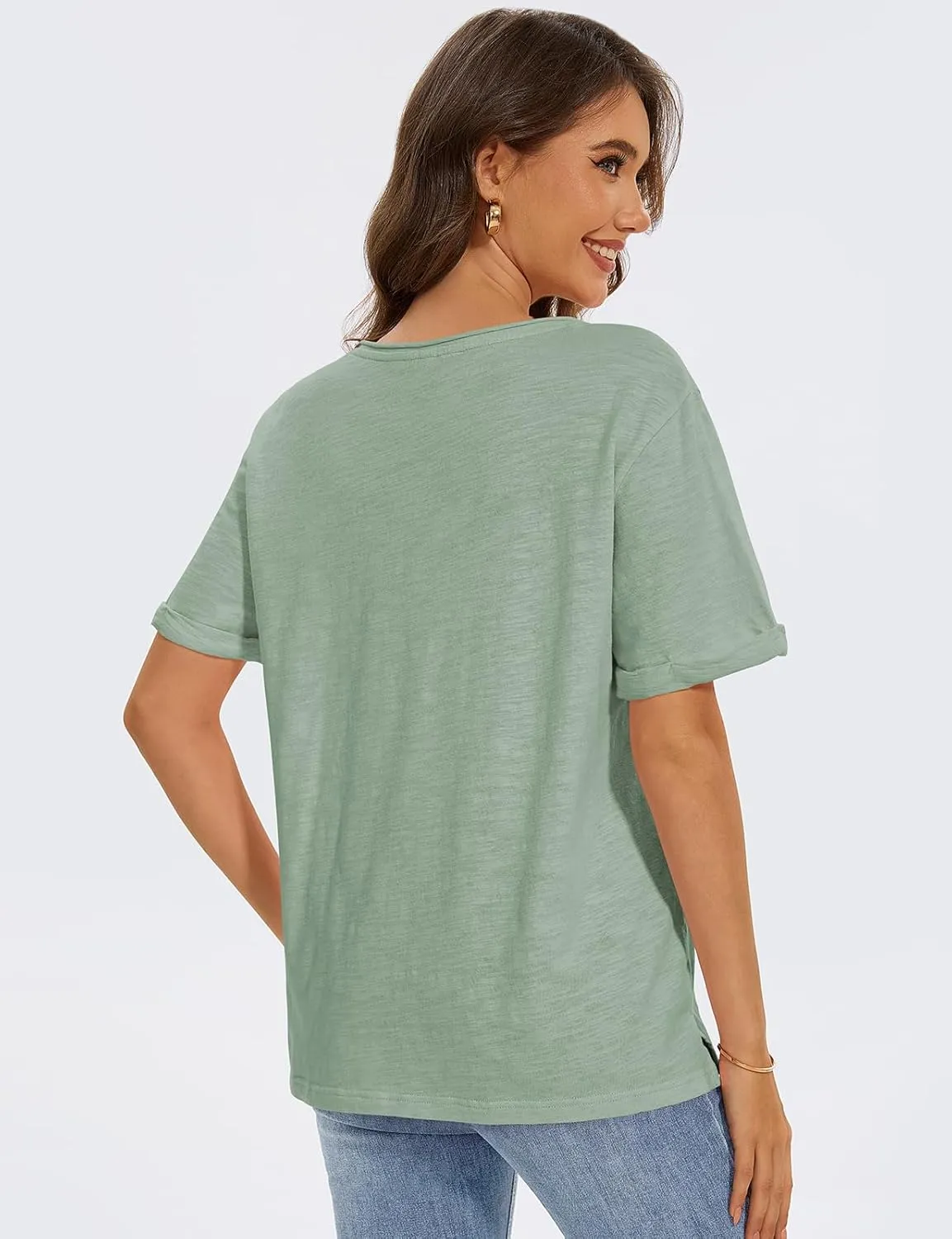 TARSE Women T Shirts Short Sleeve V Neck Tops Casual Summer Loose Basic Cotton Side Split Tee Trendy Fashion Outfit Clothes