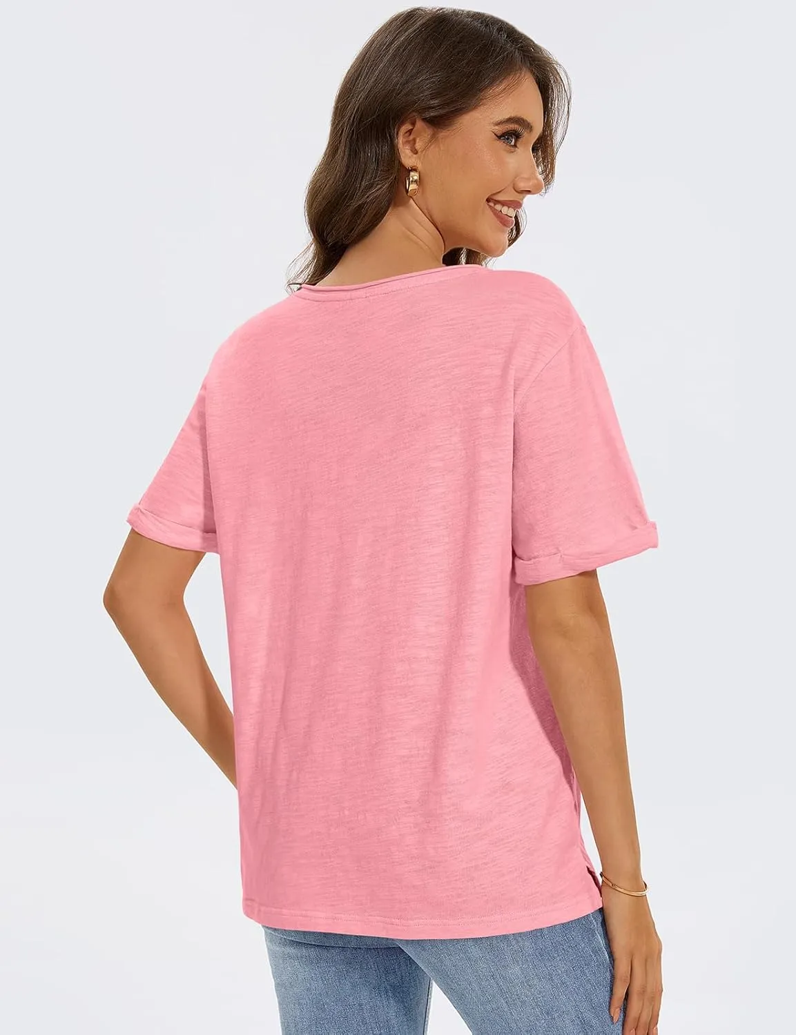 TARSE Women T Shirts Short Sleeve V Neck Tops Casual Summer Loose Basic Cotton Side Split Tee Trendy Fashion Outfit Clothes