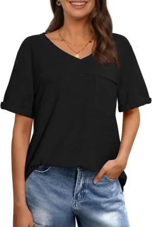 TARSE Women T Shirts Short Sleeve V Neck Tops Casual Summer Loose Basic Cotton Side Split Tee Trendy Fashion Outfit Clothes