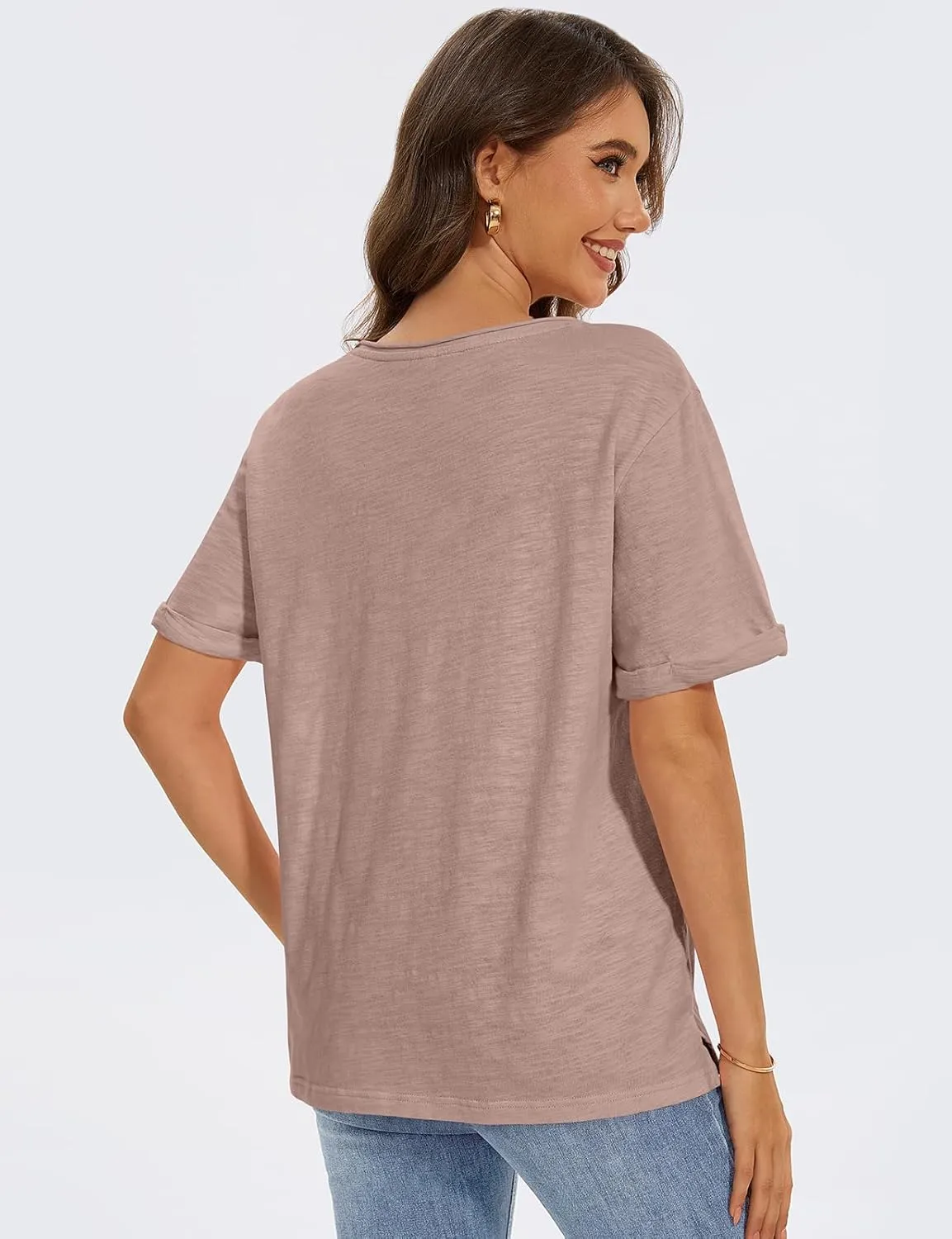 TARSE Women T Shirts Short Sleeve V Neck Tops Casual Summer Loose Basic Cotton Side Split Tee Trendy Fashion Outfit Clothes