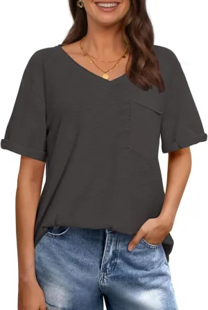 TARSE Women T Shirts Short Sleeve V Neck Tops Casual Summer Loose Basic Cotton Side Split Tee Trendy Fashion Outfit Clothes