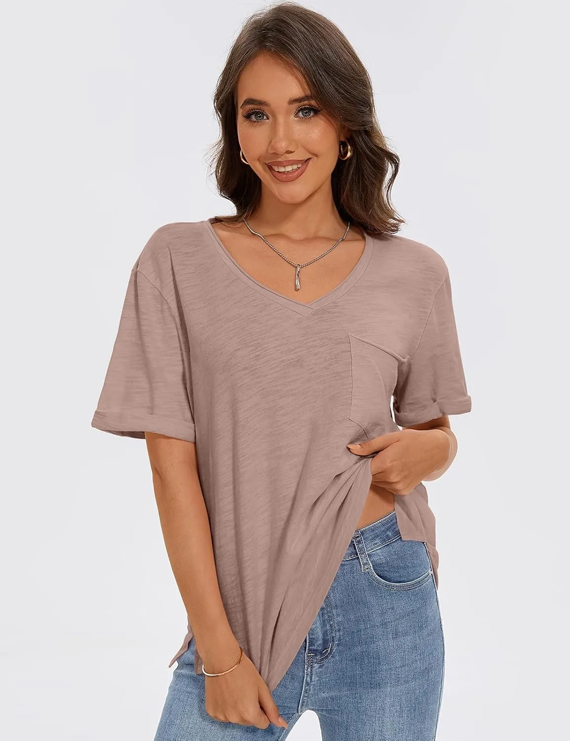 TARSE Women T Shirts Short Sleeve V Neck Tops Casual Summer Loose Basic Cotton Side Split Tee Trendy Fashion Outfit Clothes