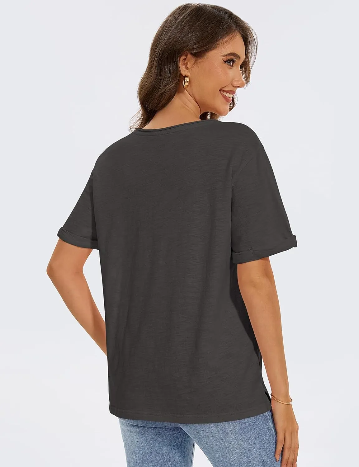 TARSE Women T Shirts Short Sleeve V Neck Tops Casual Summer Loose Basic Cotton Side Split Tee Trendy Fashion Outfit Clothes