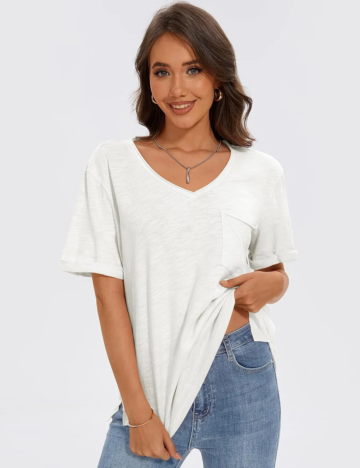 TARSE Women T Shirts Short Sleeve V Neck Tops Casual Summer Loose Basic Cotton Side Split Tee Trendy Fashion Outfit Clothes