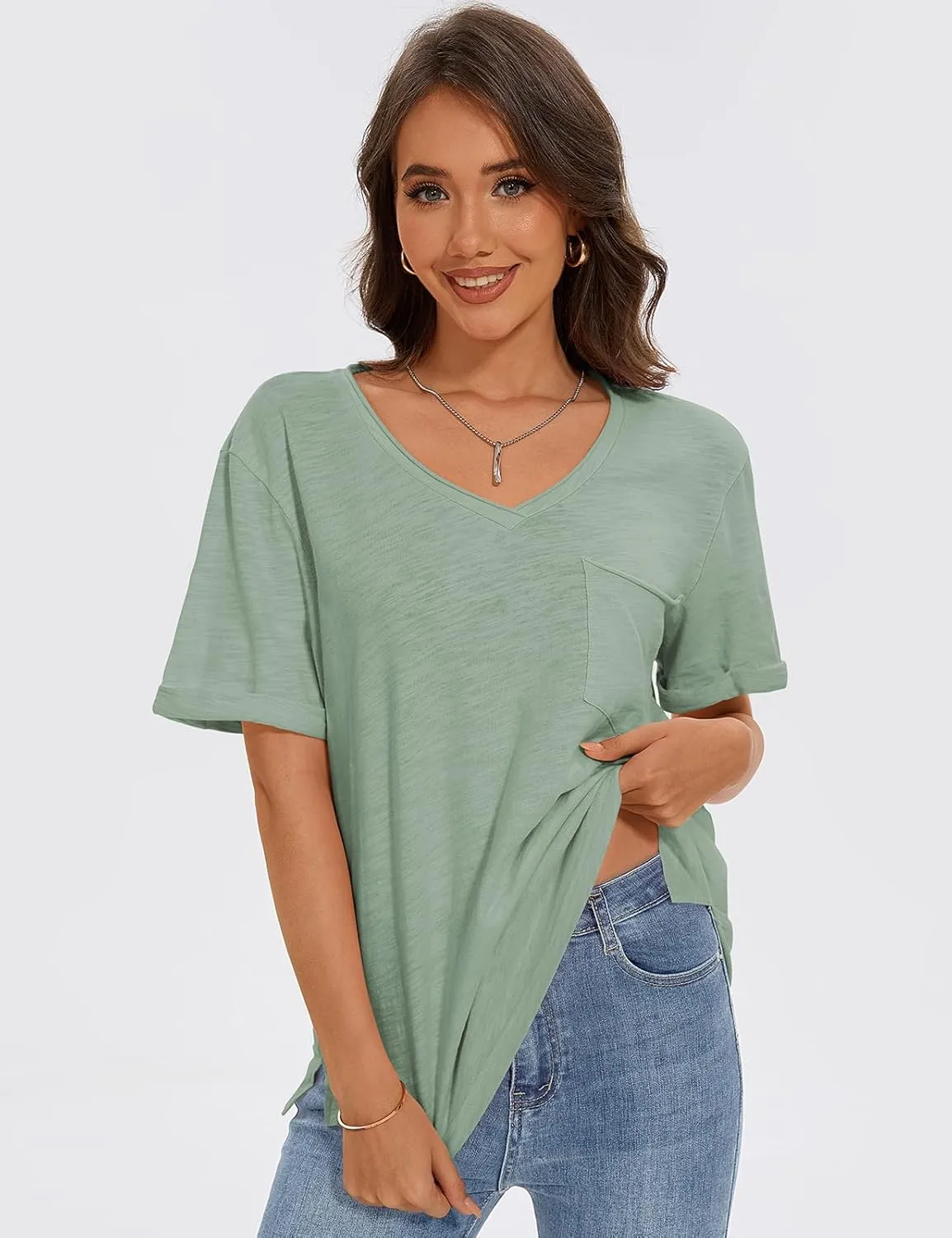 TARSE Women T Shirts Short Sleeve V Neck Tops Casual Summer Loose Basic Cotton Side Split Tee Trendy Fashion Outfit Clothes
