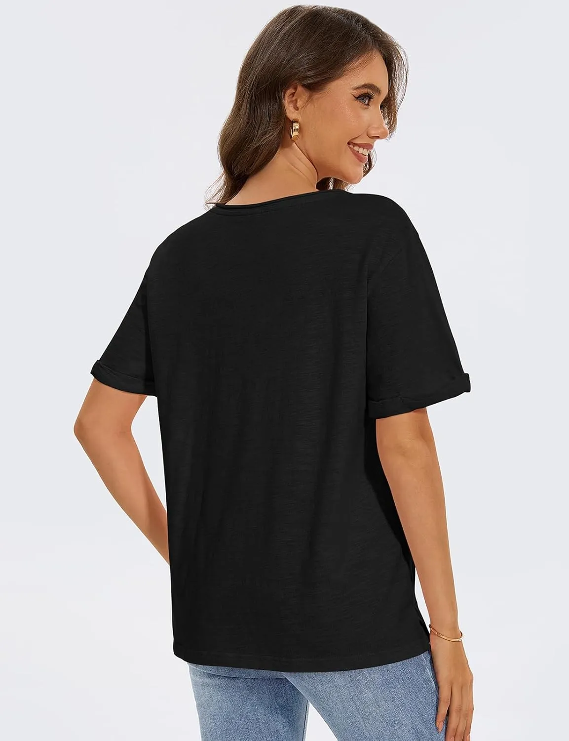 TARSE Women T Shirts Short Sleeve V Neck Tops Casual Summer Loose Basic Cotton Side Split Tee Trendy Fashion Outfit Clothes