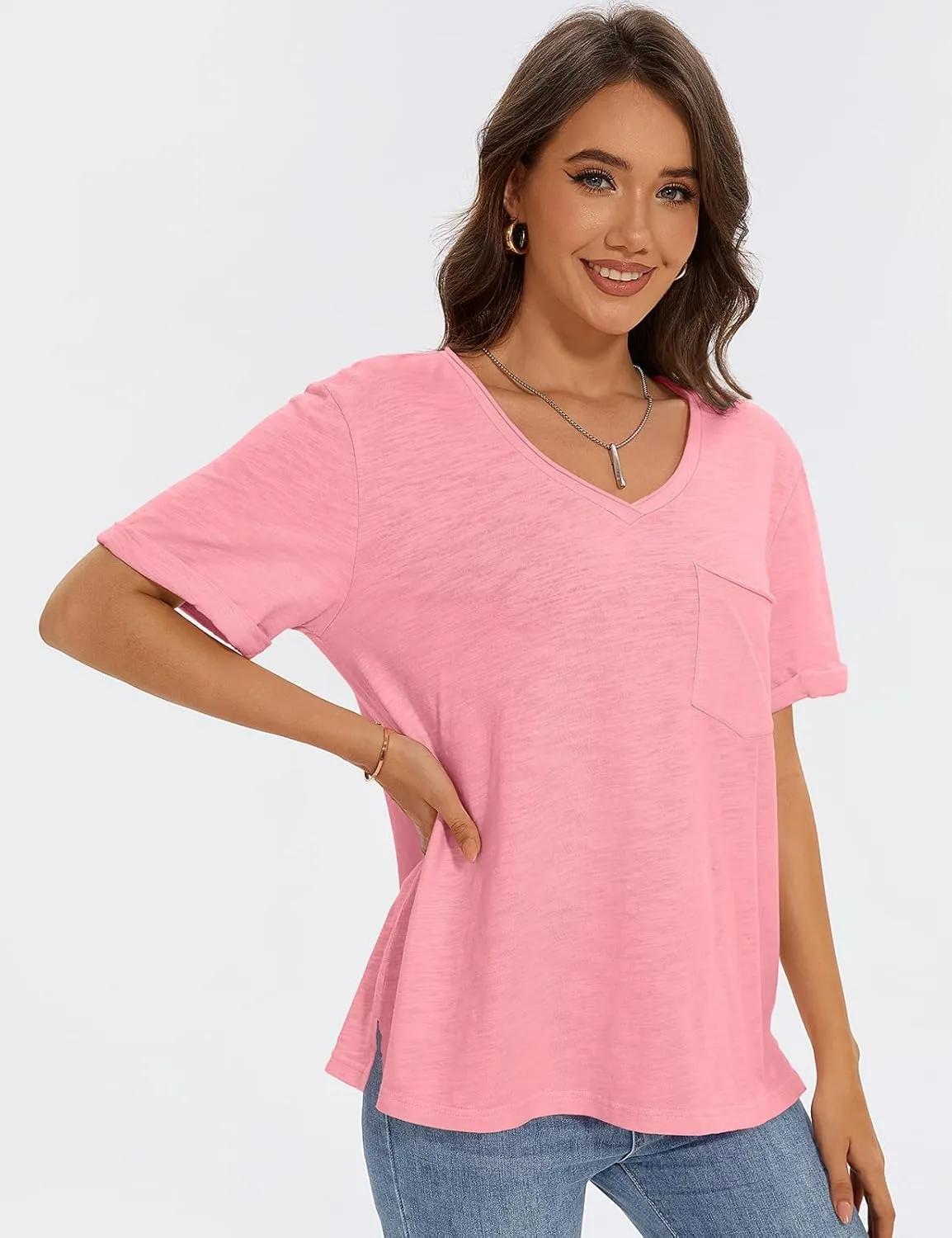 TARSE Women T Shirts Short Sleeve V Neck Tops Casual Summer Loose Basic Cotton Side Split Tee Trendy Fashion Outfit Clothes