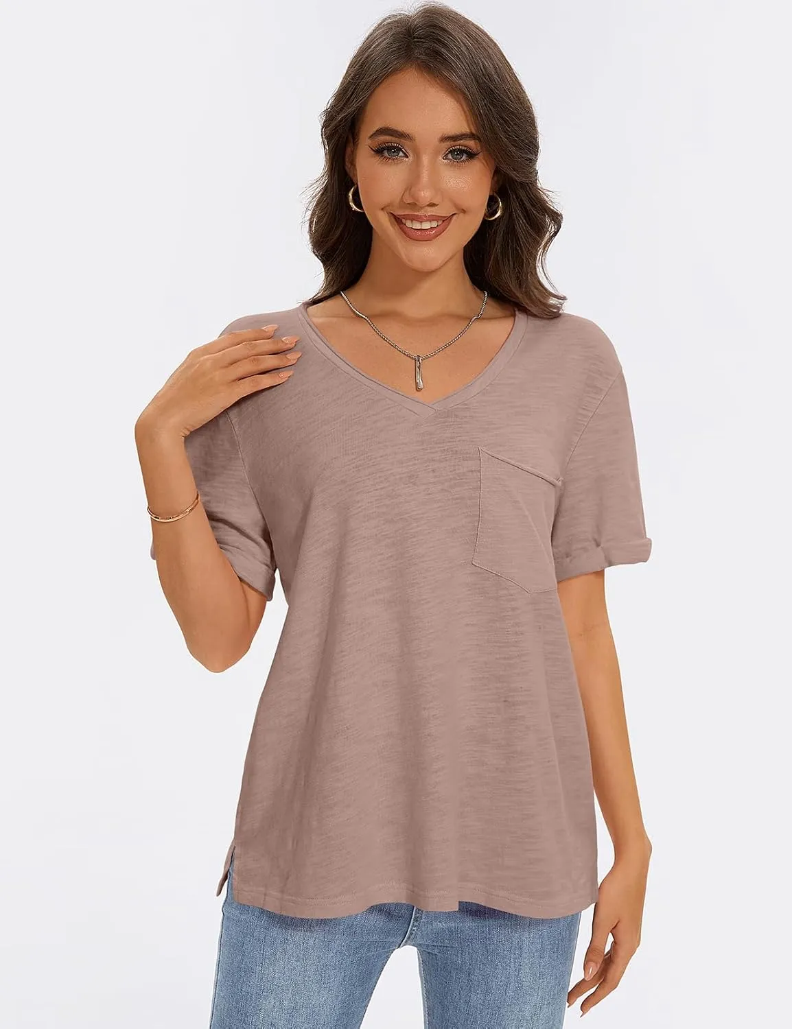 TARSE Women T Shirts Short Sleeve V Neck Tops Casual Summer Loose Basic Cotton Side Split Tee Trendy Fashion Outfit Clothes